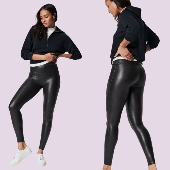Spanx Faux Leather Black Leggings High Rise Metallic Women’s Size XL - Picture 1 of 9